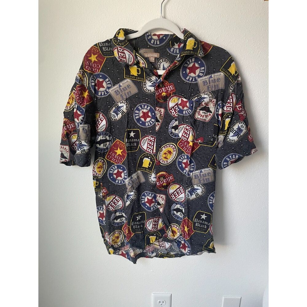 George Beer Label Graphic Novelty Button Down Shirt Mens S